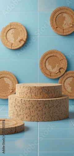 Minimalist Product Display with Cork Podium and Decorative Wall Tiles