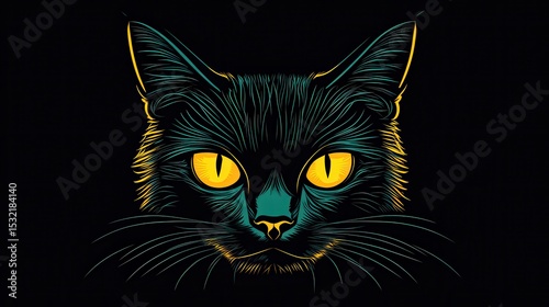 Illustration of a black cat with glowing yellow eyes and whiskers on a black background art