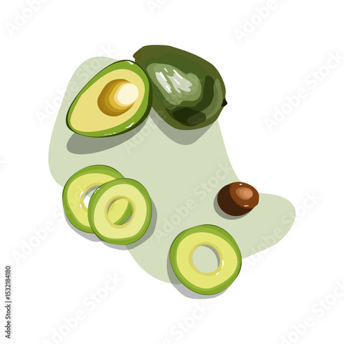 Avocado set background. Bright green whole fruit , half, slice, with bone.
