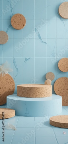 Minimalist Product Display with Cork and Blue Marble Texture Background
