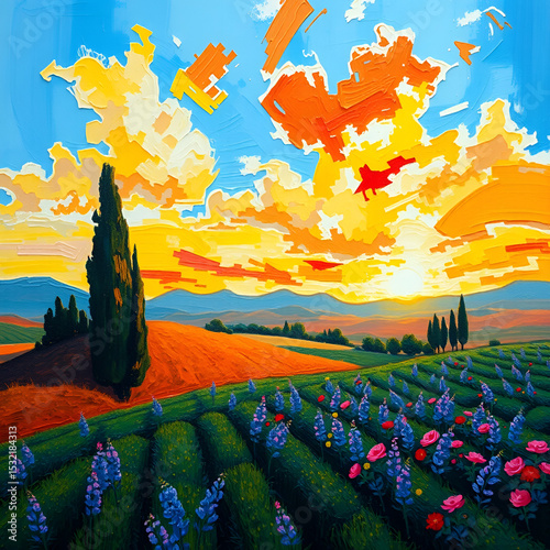 A hyper-realistic close-up of an artist brushstrokes, recreating a vibrant Arles landscape on canvas