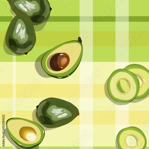 Bakground with diifferent pieces of avocado on the tablecloth. Bright green whole fruit , half, slice, with bone.
