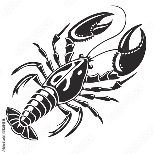 Monochrome lobster with large claws on a simple white background