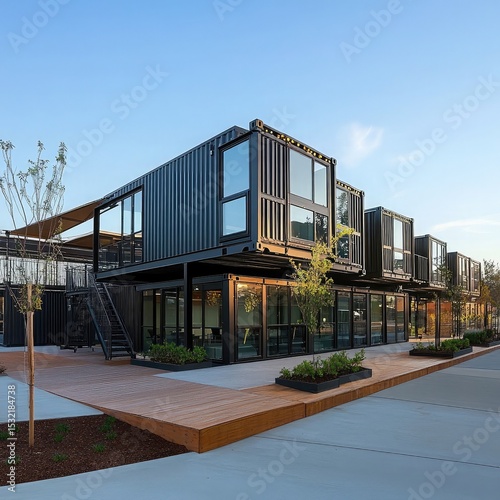Modular office architecture using repurposed shipping containers with minimalist design, portable structures, and eco-conscious workspaces for flexibility