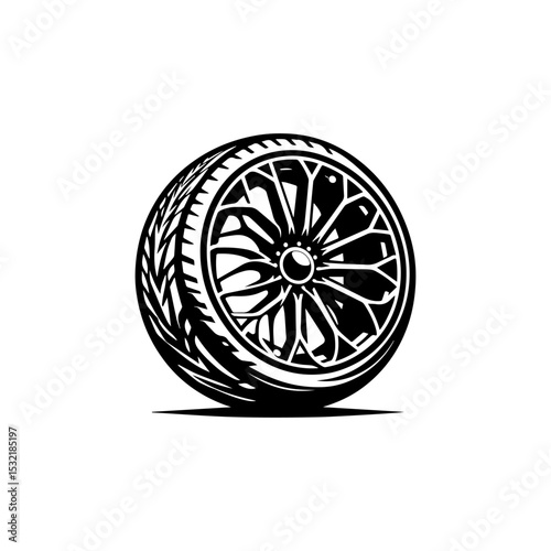 Precision automotive wheel vector logo featuring detailed tire tread pattern and alloy rim design in clean monochrome illustration