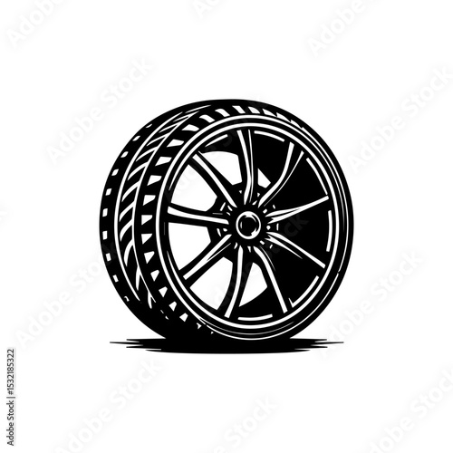 Precision automotive wheel vector logo featuring detailed tire tread pattern and alloy rim design in clean monochrome illustration