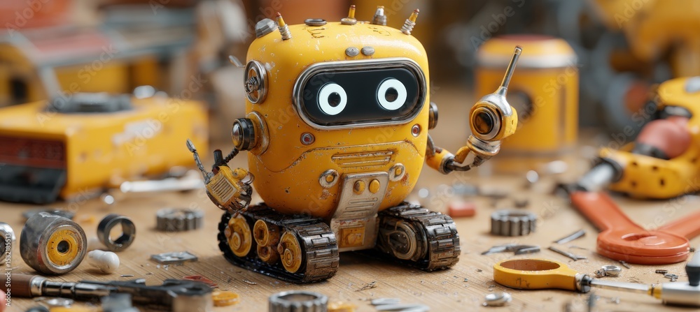 Fototapeta premium Futuristic Clay Robot with Wheels and Tools Amidst Toy Tech Parts