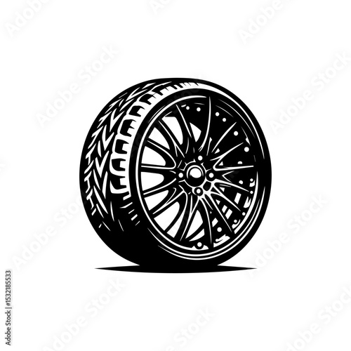 Minimalist black and white wheel logo showcasing technical tire profile with realistic tread grooves and rim contours