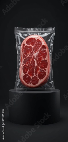 Vacuum Packed Raw Meat Cut on a Black Pedestal Display