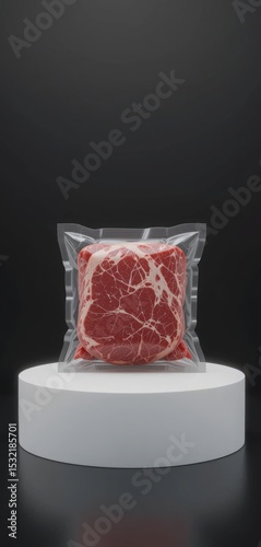 Vacuum Packed Raw Beef Steak on White Pedestal with Black Background