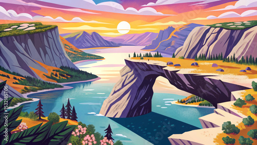 Vector illustration of Trolltunga cliff viewpoint in Norway, showcasing dramatic rock ledge, fjord landscape, hiking destination, and scenic adventure in Nordic wilderness.