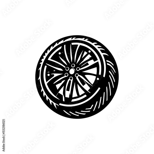Modern automotive rim vector emblem with detailed tire cross-section and precision spoke design in monochrome style