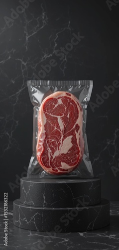 Vacuum Packed Ribeye Steak on Marble Pedestal for Freshness