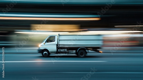 A silver dump truck speeding on the road at night with motion blur and street lights overhead shining down
