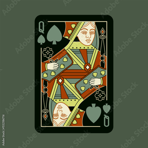 Queen of Spades, playing poker card in black design. Isolated vector illustration. Editable stroke lines.
