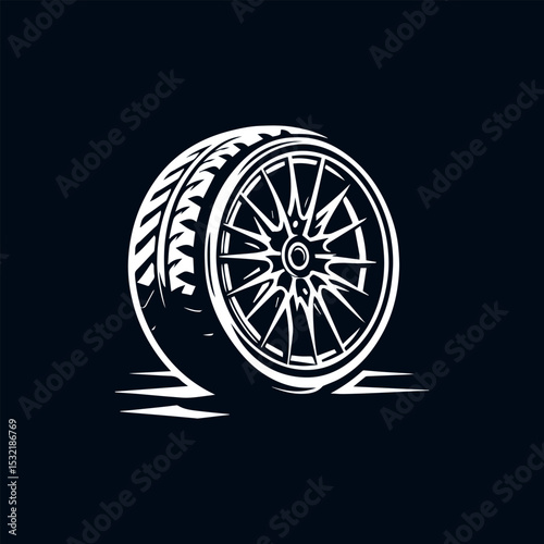 Modern automotive rim vector emblem with detailed tire cross-section and precision spoke design in monochrome style