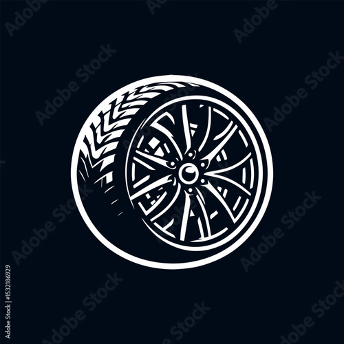 Technical car wheel silhouette logo featuring accurate tread pattern and alloy wheel anatomy in stark black and white