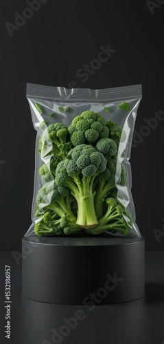 Broccoli Florets in a Plastic Bag on a Dark Background