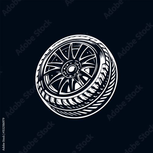 Technical car wheel silhouette logo featuring accurate tread pattern and alloy wheel anatomy in stark black and white