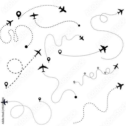 Airplane silhouette vector set with flying paths and travel route lines. Includes dashed trails, location markers, and different aircraft icons. Perfect for travel, aviation, and flight-related design