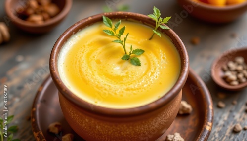 indian mango lassi in a clay cup, creamy texture and bright orange color, summer spices in background, cooling and energizing traditional drink.