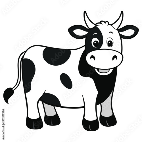 Smiling cartoon Holstein cow with distinctive black and white spots stands happily isolated on white