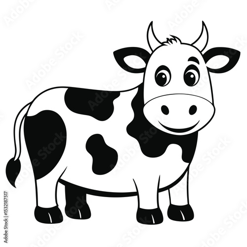 Cartoon Holstein cow stands, showcasing black and white spots, smiling on a farm