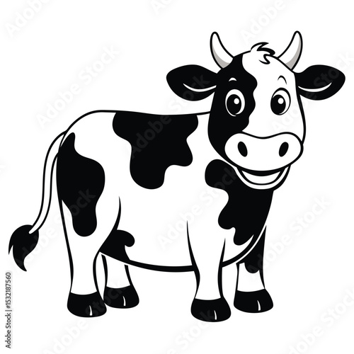 Cheerful cartoon Holstein cow stands smiling with contrasting black and white patches, a simple vector