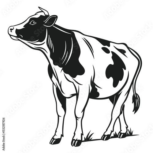 A monochrome illustration presents a horned cow with unique spot patterns in format
