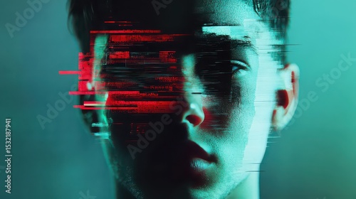 Portrait of a man with glitch effect in red and blue tones against a dark teal background