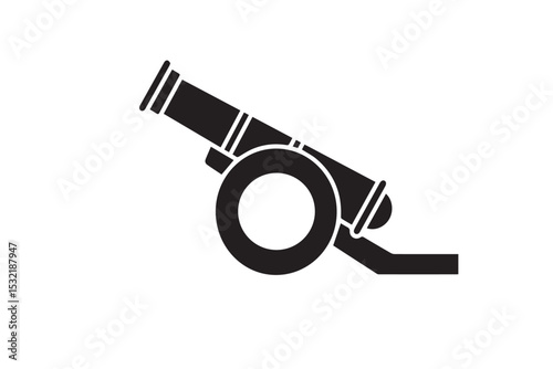 Black vector illustration of a cannon in a bold, clean silhouette style. Ideal for use in historical themes, military icons, pirate graphics, war game assets, museum materials, and educational content