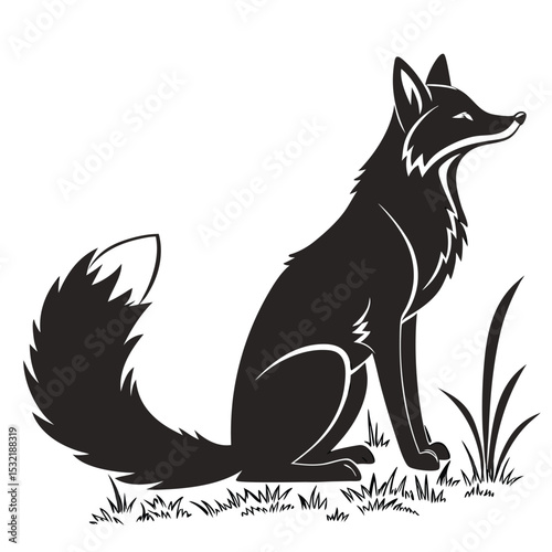 A black silhouette of a fox sitting in grass with a white background in a simple vector style