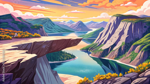 Vector illustration of Trolltunga cliff viewpoint in Norway, showcasing dramatic rock ledge, fjord landscape, hiking destination, and scenic adventure in Nordic wilderness.