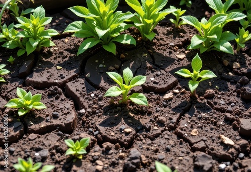 dry and cracked garden soil with withered plants around, sun directly above, summer drought impacts clearly shown on plant health.