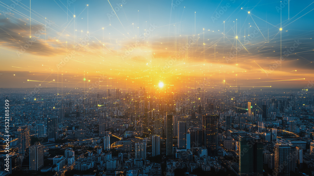 Fototapeta premium Smart city with connection network reciprocity over the cityscape social media networking systems that connects on the peak of success amid tall, innovative Smart city and graphs with statistics