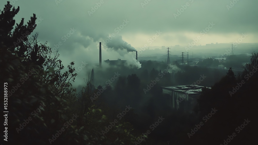 Fototapeta premium Factory Emissions Rising Into Cloudy Sky in Industrial Area