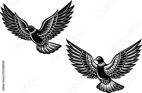 Flying white doves set. Hand drawn sketch style pigeons flapping wings. Peace and love bird symbols .