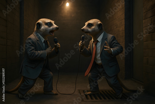 Meerkats argue dramatically in hallway while holding oversized red necktie in theatrical confrontation