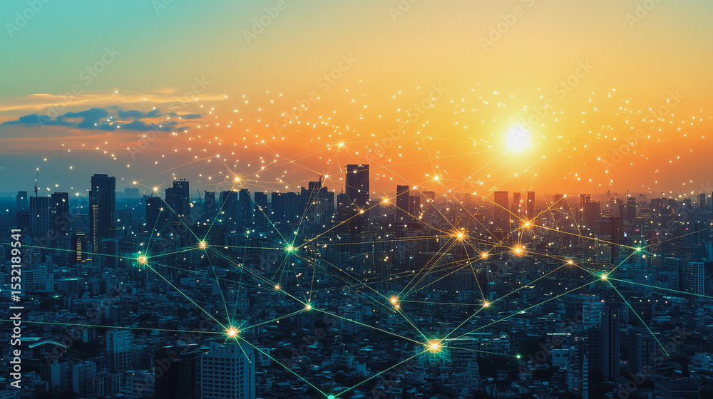 Fototapeta premium Smart city with connection network reciprocity over the cityscape social media networking systems that connects on the peak of success amid tall, innovative Smart city and graphs with statistics