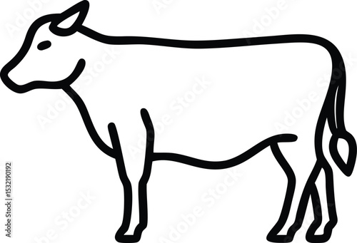 Minimalist black line drawing shows a standing dairy cow illustration over white