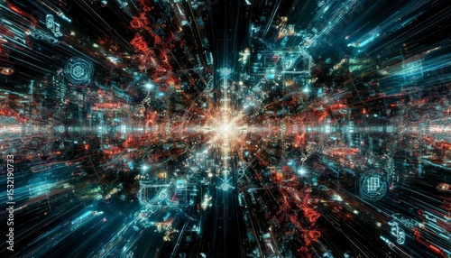 Abstract digital art depicting a burst of light with vibrant blue and red lines radiating outward. The scene conveys a sense of energy and movement.