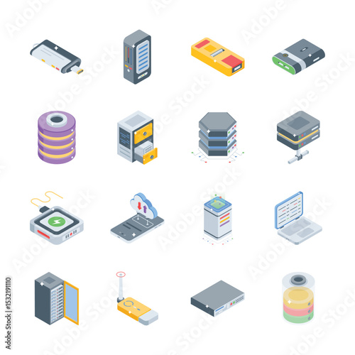 Grab this modern collection of data service isometric style icons