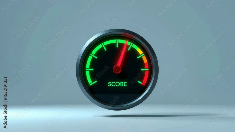 A round score gauge with a needle pointing to the green zone, symbolizing good performance or high score.