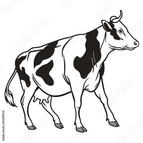 A line art shows black and white Holstein cow walking through the pasture