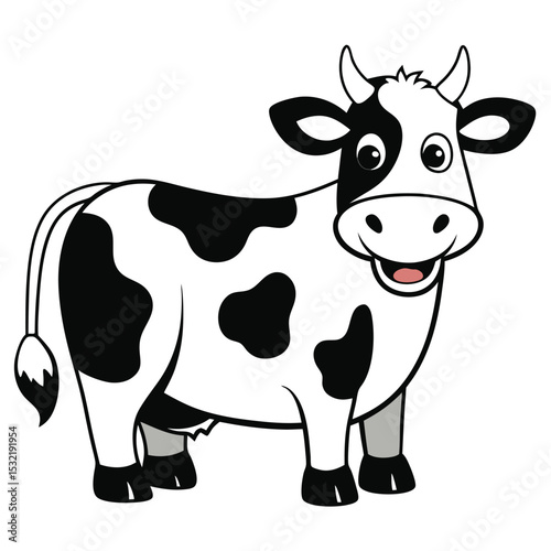A cheerful cartoon Holstein cow stands smiling broadly, showcasing its iconic black and white spots