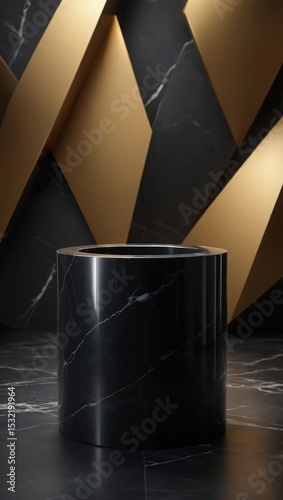Elegant Black Marble Product Display Podium with Golden Geometric Background