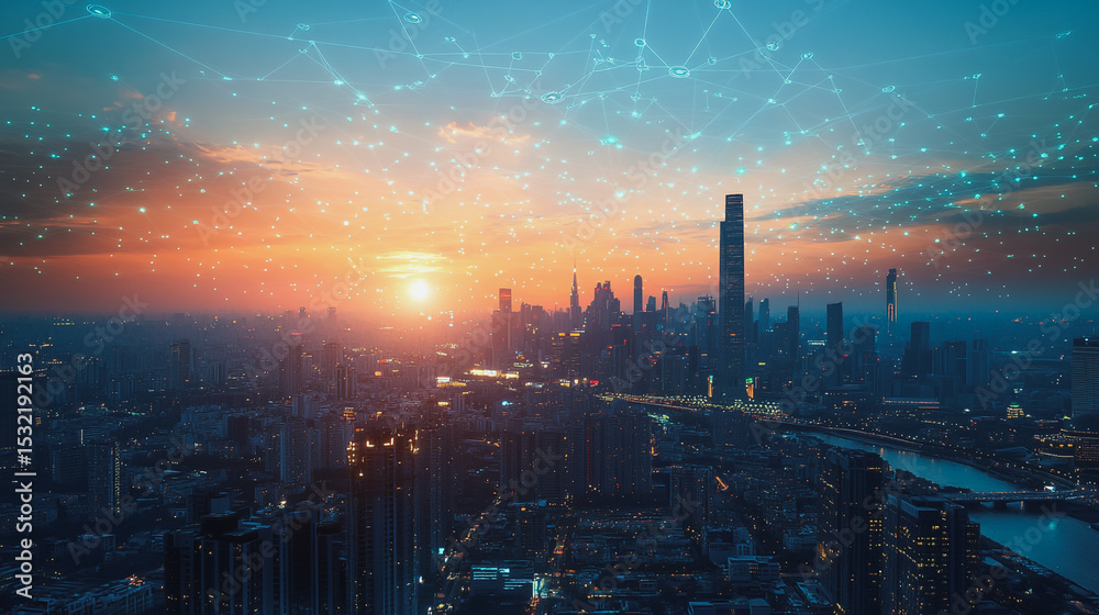 Obraz premium Smart city with connection network reciprocity over the cityscape social media networking systems that connects on the peak of success amid tall, innovative Smart city and graphs with statistics