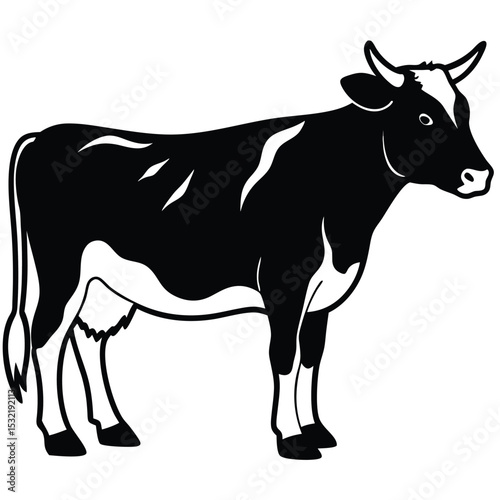 A black and white cow stands facing right with a detailed udder visible