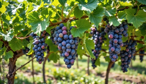 Wallpaper Mural grapevines heavy with green and purple grapes, leaves casting shadows on fruit, vineyard in midsummer sunlight. Torontodigital.ca