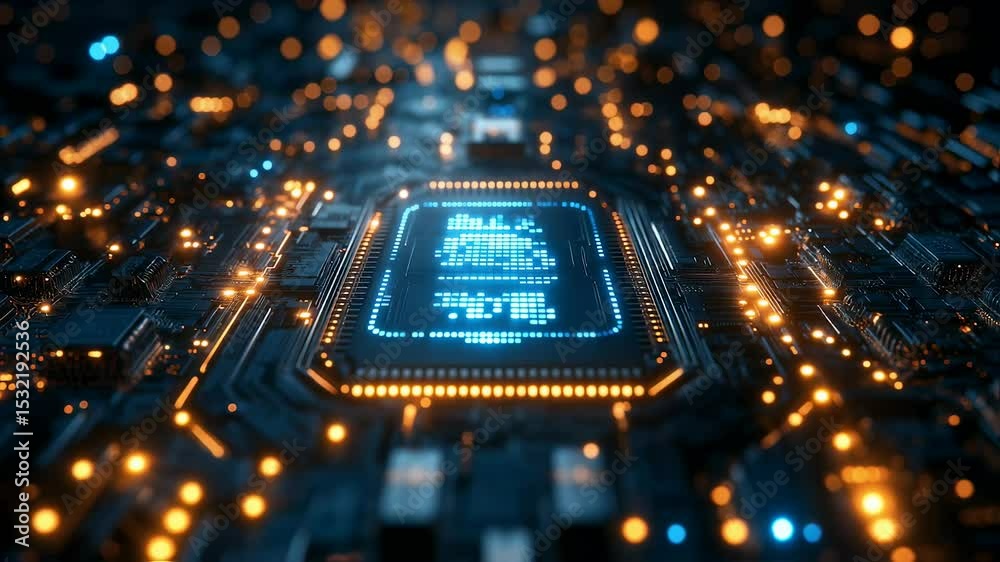 Exploring the intricate world of computer circuits and glowing microchips at night